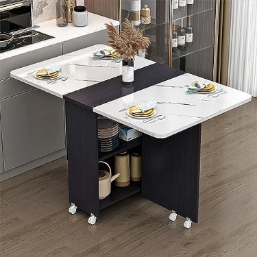 Imagem de HYUIO Mesa de jantar dobrável extensível com 6 rodas, prateleira de armazenamento de 2 camadas, design de folha dobrável para cozinha e escritório que economiza espaço