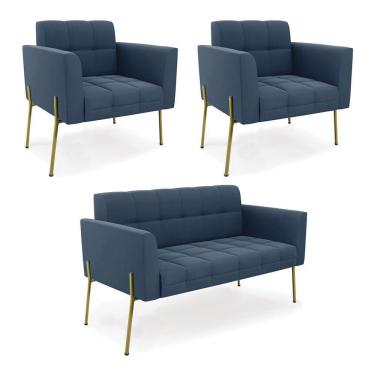 Imagem de Sofá Namoradeira E 2 Poltronas Pé De Ferro Dourado Elisa Suede D03 - D'rossi Cor Azul Marinho