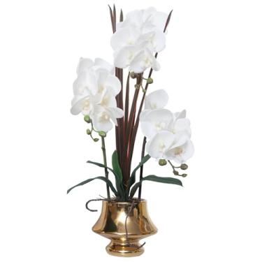 Imagem de CXGS Orquídeas flores artificiais de toque real flor falsa em vaso de cerâmica 50,8 cm planta de orquídea sintética branca phalaenopsis de seda realista para centro de mesa, hotel, casa, decoração