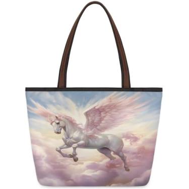Imagem de Sacola grande para mulheres, animal, unicórnio, céu rosa, bolsa de pano de trabalho com zíper, reutilizável, bolsa de mão, casual, para viagem, trabalho, férias, praia, compras, presentes
