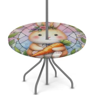 Imagem de hongjinglin Toalha de mesa de Páscoa para uso ao ar livre com orifício para guarda-chuva, toalha de mesa redonda elástica com zíper, impermeável, limpável, para piquenique, festa, pátio, serve para