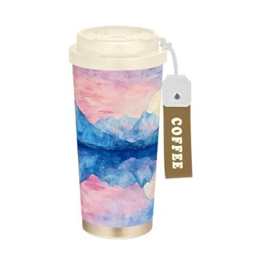 Imagem de SEHANY Caneca de viagem com paisagem de montanha em aquarela de 482 g, copos de café reutilizáveis revestidos de cerâmica com tampa à prova de vazamento, parede dupla, isolamento a vácuo, copo de café