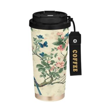 Imagem de SEHANY Caneca de café de viagem Flores e pássaros de 482 g com tampa revestida de cerâmica e à prova de vazamento, parede dupla, copo de aço inoxidável isolado a vácuo para bebidas quentes e frias