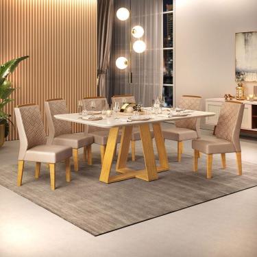 Imagem de Conjunto Sala De Jantar Com 6 Cadeiras Tampo Curvo 160cm Kiara Cedro/off White Lídia Veludo Kraft - Dj Móveis