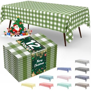 Imagem de Smiry 12 pacotes de toalhas de mesa descartáveis guingão, 137 x 272 cm, toalha de mesa de plástico impermeável, retangular, verde sálvia e branco, capas de mesa quadriculadas para piquenique