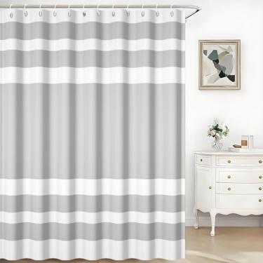 Imagem de TTQYFNM Cortina de chuveiro listrada cinza e branca moderna minimalista casa de fazenda decoração de banheira lavável à máquina tecido impermeável conjunto de cortinas de chuveiro cinza com ganchos