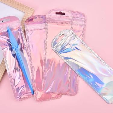 Imagem de Bolsa de embalagem holográfica rosa com 50 peças, 5 x 14 cm, bolsa de zíper de folha resselável, adequada para brilho labial, delineador, joias, doces, etc.