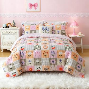 Imagem de Mooreeke Jogo de cama infantil solteiro com estampa de borboleta, floral, 6 peças, para adolescentes, bloco de emenda de microfibra, flor e edredom com edredom, lençol e travesseiro decorativo