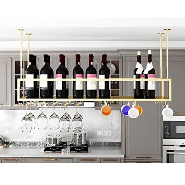 Imagem de Prateleira de teto suspensa Suporte de vinho dourado montado no teto, prateleira de vinho de metal com suporte de vidro, altura ajustável, prateleira de vinho flutuante para cozinha