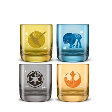 Imagem de JoyJolt Conjunto de 4 copos curtos Star Wars Galactic Icons, conjunto de copos de vidro de 290 ml, conjunto de copos de cozinha, copos coloridos colecionáveis, presentes de Star Wars