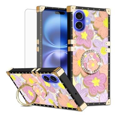 Imagem de Asuwish Capa de telefone para iPhone 16 6,1 polegadas capa magnética com protetor de tela de vidro temperado e pintura flor anel protetor à prova de choque suporte rígido i Phone16 i16 16 capa