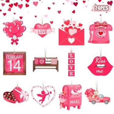 Imagem de Arosche Ornamentos de árvore de dia dos namorados, 24 peças, corações rosa, caminhão, enfeites de árvore de madeira doces, feliz dia dos namorados, decorações de pendurar fofas para casa, manto de