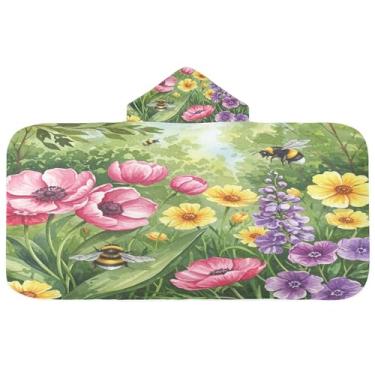 Imagem de Burbuja Toalha de banho com capuz Spring Bumblebees Garden para crianças, toalha de praia de pelúcia macia absorvente para meninas e meninos 3-10 anos, 61 x 127 cm