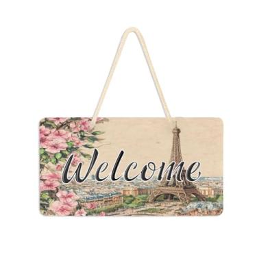 Imagem de Burbuja Placa de boas-vindas da Torre Eiffel para porta da frente, placa de boas-vindas de PVC para decoração de férias de casa de fazenda, 15 x 28 cm