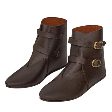 Imagem de Lord of Battles Botas medievais de couro genuíno com fivela de latão - Botas de pirata viking para o Dia das Bruxas Renascença, Marrom, 9 Women/8 Men