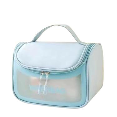 Imagem de Nécessaire Grande Transparente para Maquiagem e Viagem — Bolsa Organizadora em PU + PVC, Impermeável, com Alça (23×14×15 cm) (Azul)