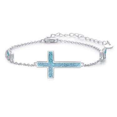 Imagem de YEESIA Pulseira de cruz para mulheres, prata esterlina 925, pulseira de cruz com ablone/turquesa/opala fé cristã, joias religiosas, presentes para homens e mulheres, One Size, Prata esterlina 925, Sem