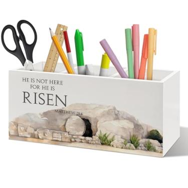 Imagem de ANIANG Organizador de canetas cristãs de Páscoa, decoração de Páscoa, decoração de mesa cristã, versículo bíblico religioso rústico, porta-lápis de madeira para casa, escritório, acessórios de mesa