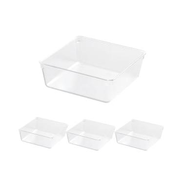 Imagem de 4 organizadores de gaveta de plástico transparente - caixas modulares empilháveis para maquiagem, utensílios de cozinha e materiais de escritório - design de perfil fino para armários de cômoda