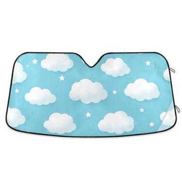 Imagem de Toldo de sol azul branco nublado de desenho animado personalizado para para-brisa de carro retrátil dobrável para-brisa frontal impressão animal automotivo M, 139,7 cm x 70,1 cm