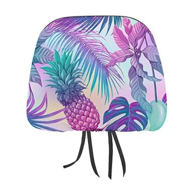 Imagem de Palmeiras tropicais roxas e azuis sem costura, plantas, abacaxi, flores, 2 peças, capas protetoras universais para assento de carro, capa macia para encosto de cabeça, acessórios de interiores
