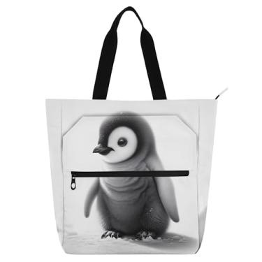 Imagem de Bolsa de trabalho feminina preta e branca com pinguim fofo, lona, praia, escola, bolsa utilitária, escritório, livros, presente para amantes de livros