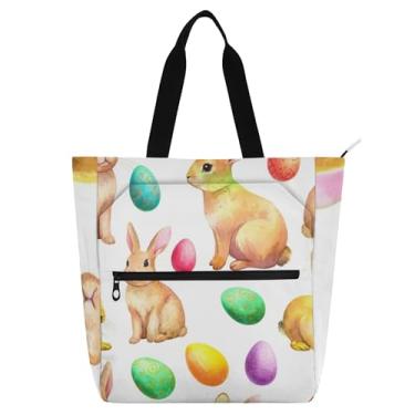 Imagem de GAIGEO Coelhos Ovos de Páscoa Branca Bolsa de Trabalho Feminina Lona Bolsa Escolar com Zíper Bolsas de Professores Amantes de Livros