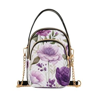 Imagem de Cão Pug gráfico em desenho animado pequeno transversal com corrente dourada, bolsas transversais femininas, bolsa tiracolo de ombro para mulheres, Floral roxo com folhas e flores - 4, One Size
