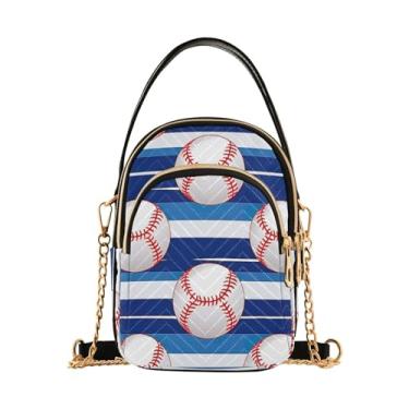 Imagem de GAIGEO Bolsa tiracolo feminina de basquete com fogo e água, bolsa tiracolo casual com corrente dourada, Bolas de beisebol listradas azul e branco-2, One Size