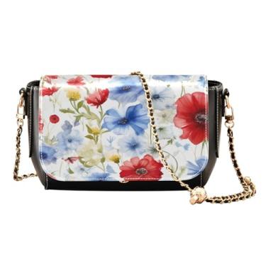 Imagem de Bolsa tiracolo feminina de couro flutuante e coberta de bola de futebol com corrente dourada, Aquarela com flores vermelhas - 3, One Size