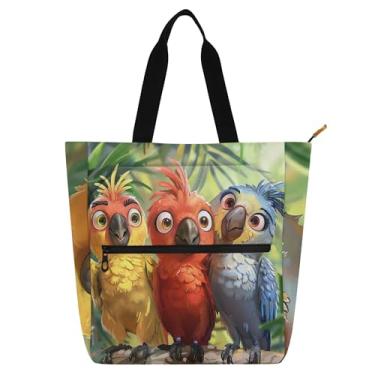 Imagem de GAIGEO Bolsa feminina de pintura de papagaios de desenho animado fofa bolsa de trabalho de lona escolar bolsa carteiro bolsa carteiro com compartimentos