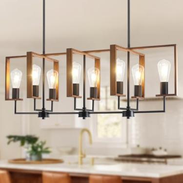 Imagem de Luminárias de sala de jantar de 95 cm sobre a mesa, lustres retangulares de cor de madeira de iluminação de ilha de cozinha de 8 luzes, lustres modernos de casa de fazenda rotativos industriais para