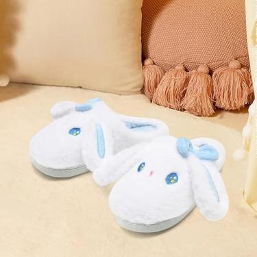 Imagem de Pantufas de coelho de orelhas grandes para meninas e meninos, lindo laço felpudo fofo confortável desenho animado coelho peludo engraçado travesseiro nuvem casa quarto casa chinelo para crianças em
