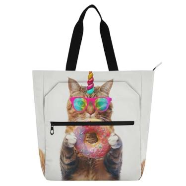 Imagem de GAIGEO Bolsa de trabalho feminina divertida de gato unicórnio donut, lona, praia, escola, bolsa de professor com compartimentos