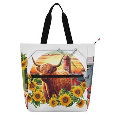 Imagem de GAIGEO Adorável bolsa feminina Highland vaca girassol para trabalho bolsa de lona praia livro bolsa zíper senhoras crianças bolsas com compartimentos