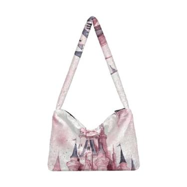 Imagem de GAIGEO Bolsa de ombro feminina com decoração de vaso rosa colorido, bolsas femininas, bolsas femininas, Castelo dos sonhos rosa aquarela, One Size