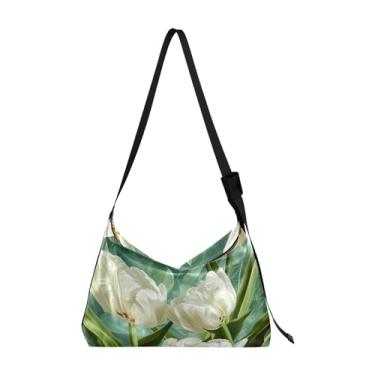 Imagem de Bolsa tiracolo grande nebulosa colorida, bolsa transversal de alça larga, bolsa Hobo transversal de couro para mulheres, Tulipas em verde com folhas-5, One Size