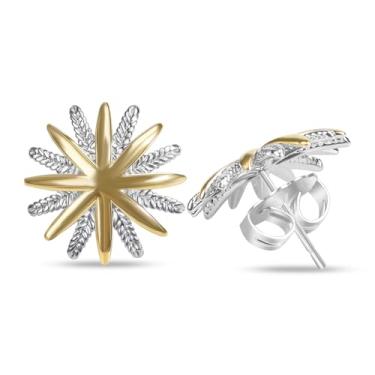 Imagem de YURSHJAM Brincos femininos banhados a ouro 18 quilates em dois tons inspirados em designer, brincos de girassol starburst, joias de declaração