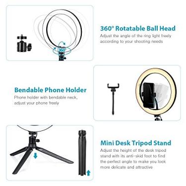 Imagem de SIWOTED 10,2 "LED Ring Light 3200K-5500K Lâmpada de câmera de mesa regulável 3 modos de luz 10 brilho ajustável para transmissão ao vivo Selfie Maquiagem YouTube Video Vlog (Tipo 5)