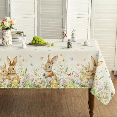 Imagem de Horaldaily Toalha de mesa retangular de Páscoa, 152 x 300 cm, coelhinho de Páscoa, tulipas, margarida, lavável no chão, para decoração de festa, piquenique, jantar