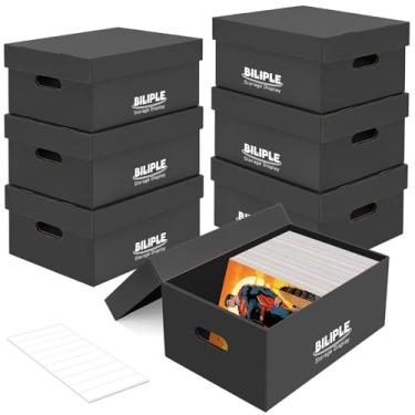 Imagem de Pacote com 7 caixas de armazenamento de quadrinhos 40 cm x 18 cm x 27 cm, caixa de quadrinhos de papelão grossa com tampas, comporta 150 a 175 quadrinhos, caixa organizadora empilhável para colecionar