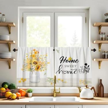 Imagem de XYTIDUKEJI Conjunto de cortinas curtas de 61 cm de comprimento para janela de cozinha floral amarela para janela pequena com bolso para varão, rústico, para pia, trailer, quinta, banheiro, armário