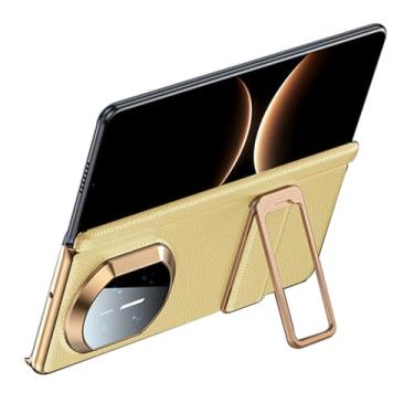 Imagem de POYUFRG Capa de couro genuíno para Huawei Mate X7, capa de proteção de dobradiça galvanizada de luxo fina com suporte giratório, amarelo, Mate X7