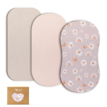 Imagem de TILLYOU Lençóis de berço de musselina para bebês meninos e meninas, pacote com 3, lençóis de colchão de berço de algodão elástico macio e respirável, ajuste ampulheta, oval retangular, 83 x 43 cm