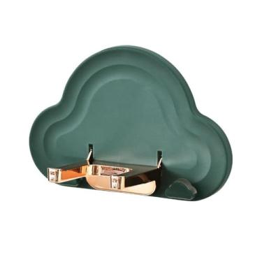 Imagem de Suporte de secador de cabelo estilo nuvem verde montado na parede rack adesivo dobrável design em forma de U com rolamento de carga forte para banheiro armazenamento diário e fácil acesso