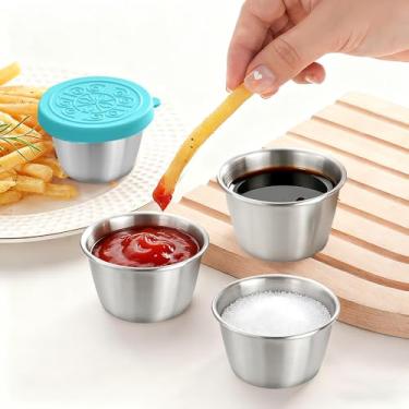Imagem de 4 recipientes pequenos para condimentos com tampas de silicone à prova de vazamento, recipiente para molho de salada de 70 g, copos de molho de aço inoxidável reutilizáveis para lancheira, piquenique