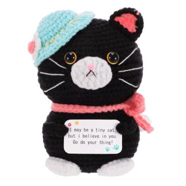 Imagem de Guiqulai Positive Crochet Cat Plush Funny Handmade Knitted Cat with Uplifting Card Cute Desk Decor Encouragement Gift for Friends Mom (5.12 x 3.15 x 3.15 Inch)