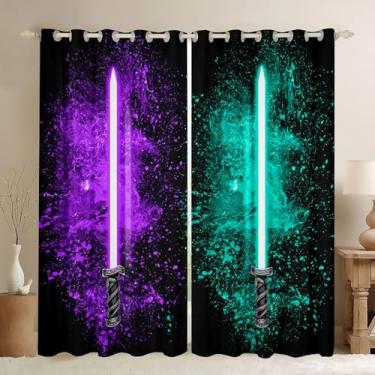 Imagem de Feelyou Cortinas de sabre de luz para meninas, meninos, decoração de casa, sabre de luz, bolso para varão, isolamento térmico, roxo, azul-petróleo, 2 painéis, cortinas escurecidas para quarto, sala de