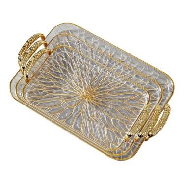 Imagem de KiBcsLic Conjunto de 3 Bandejas de Servir com Alça, Organizador de, Prato para Joias, Bandejas Retangulares para Servir Sobremesas, Eventos e Jantares, Claro E Dourado