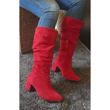Imagem de Botas Femininas Couro Camurça Cano Enrugado Tendência - Lirom, Vermelh